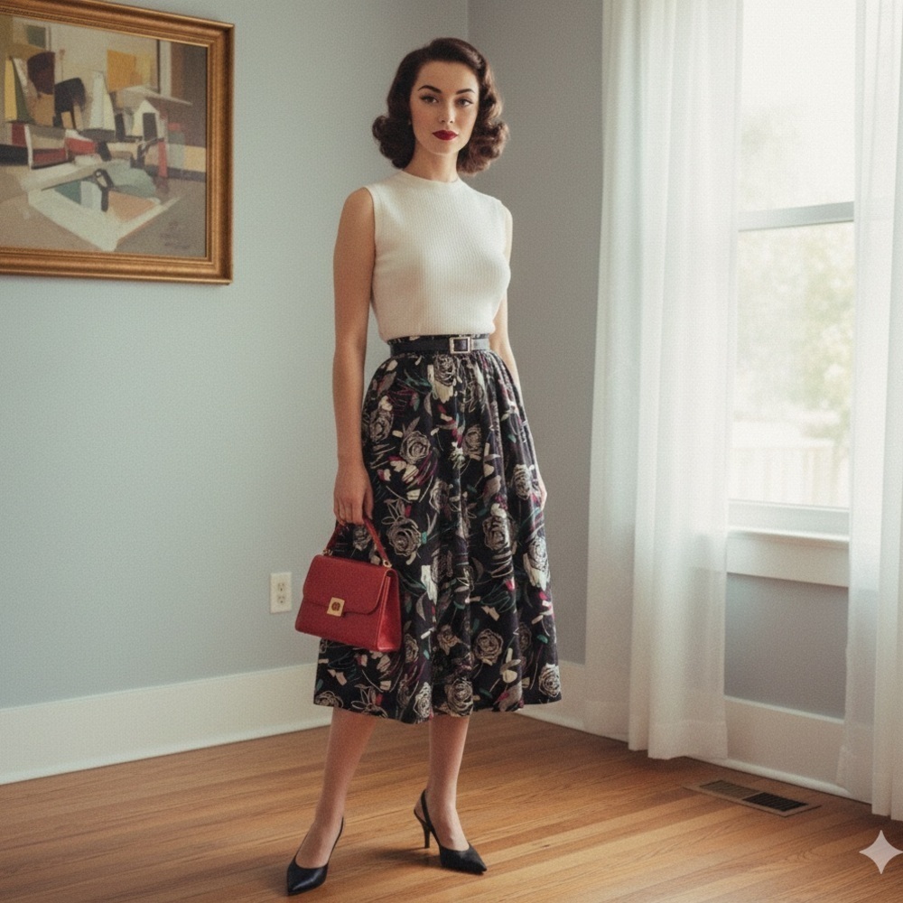 Vintage Greenwich Square Abstract Floral Midi Skirt Size 10 80s 90s Retro